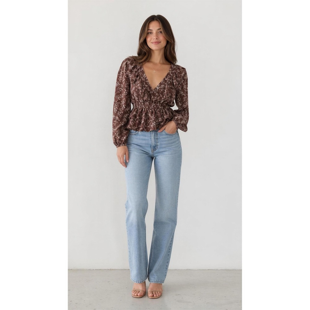 Altar'd State Brown Floral Ruffle V-Neck Peplum Blouse Long Sleeve Small